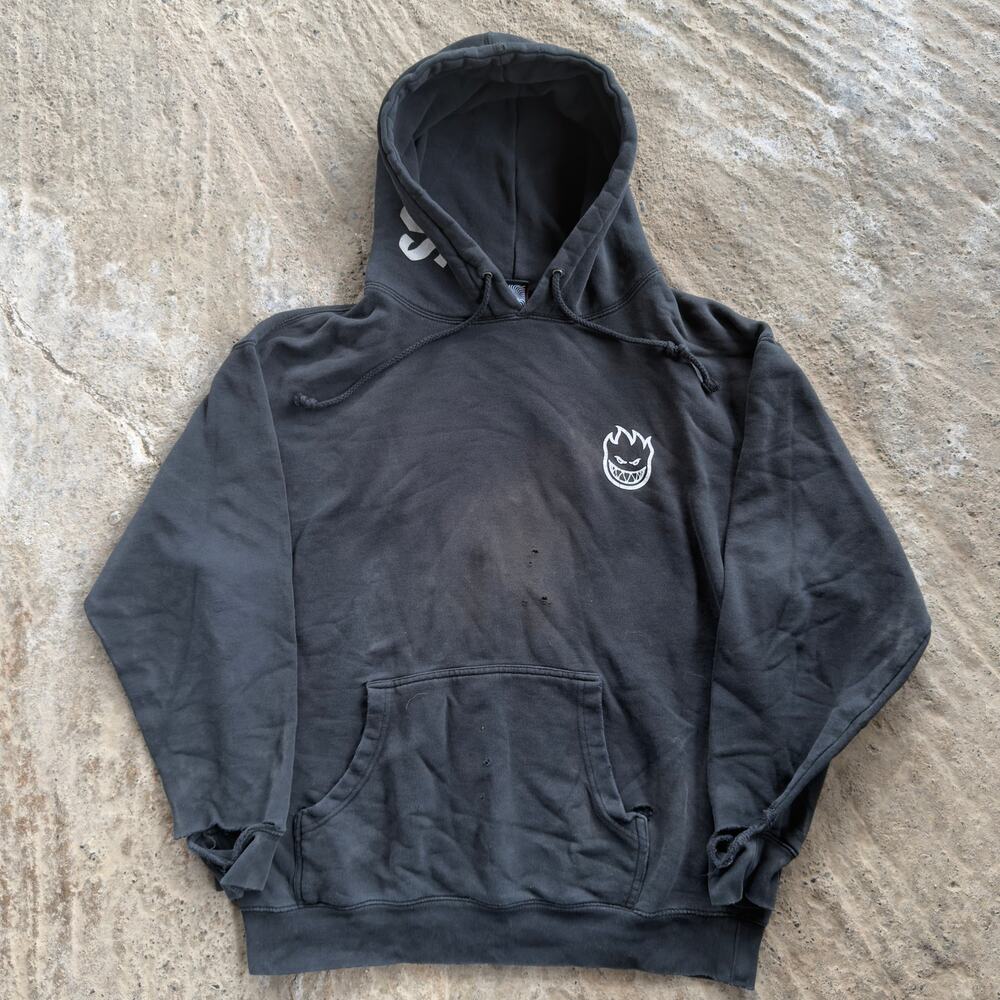 Vintage Spitfire Hoodie Black Y2K Skate Thrashed Large Faded Grunge 00s